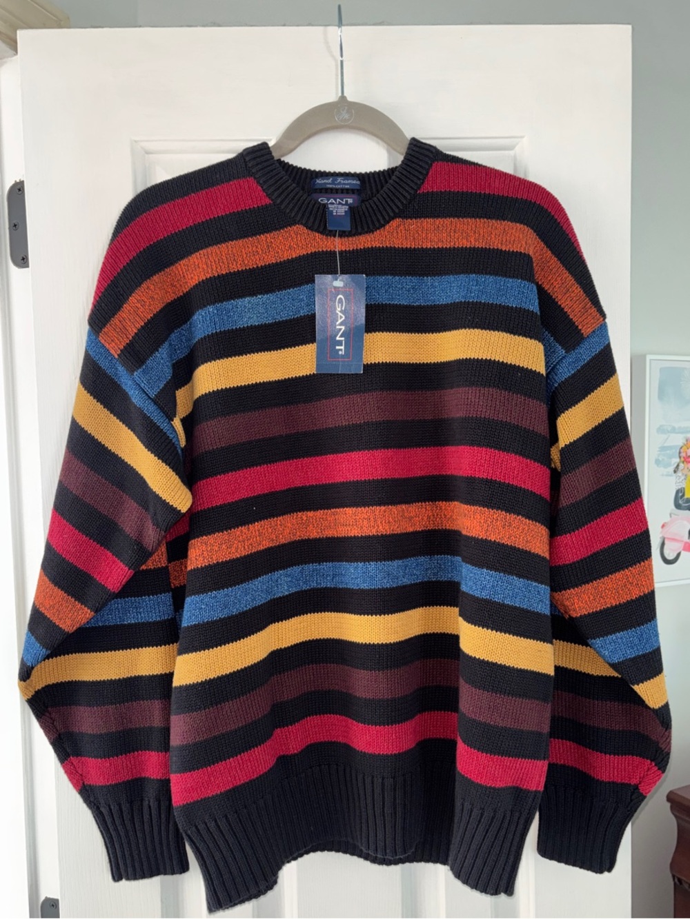 Gant Men's Striped Crewneck Sweater in Black, Red, Orange, Blue & Yellow
